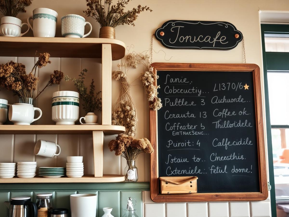 Cafe shelving with ceramic mugs, dried flowers and a chalkboard menu