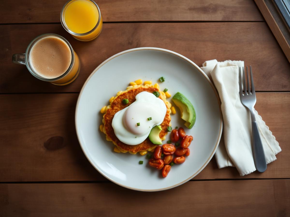 Corn fritters with poached egg, coffee and fresh juice on a timber table