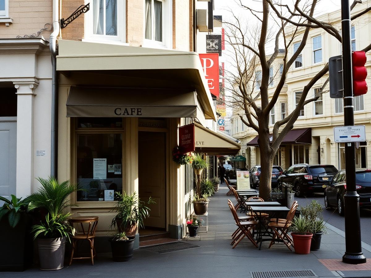 The cafe's corner frontage with footpath tables in Darlinghurst